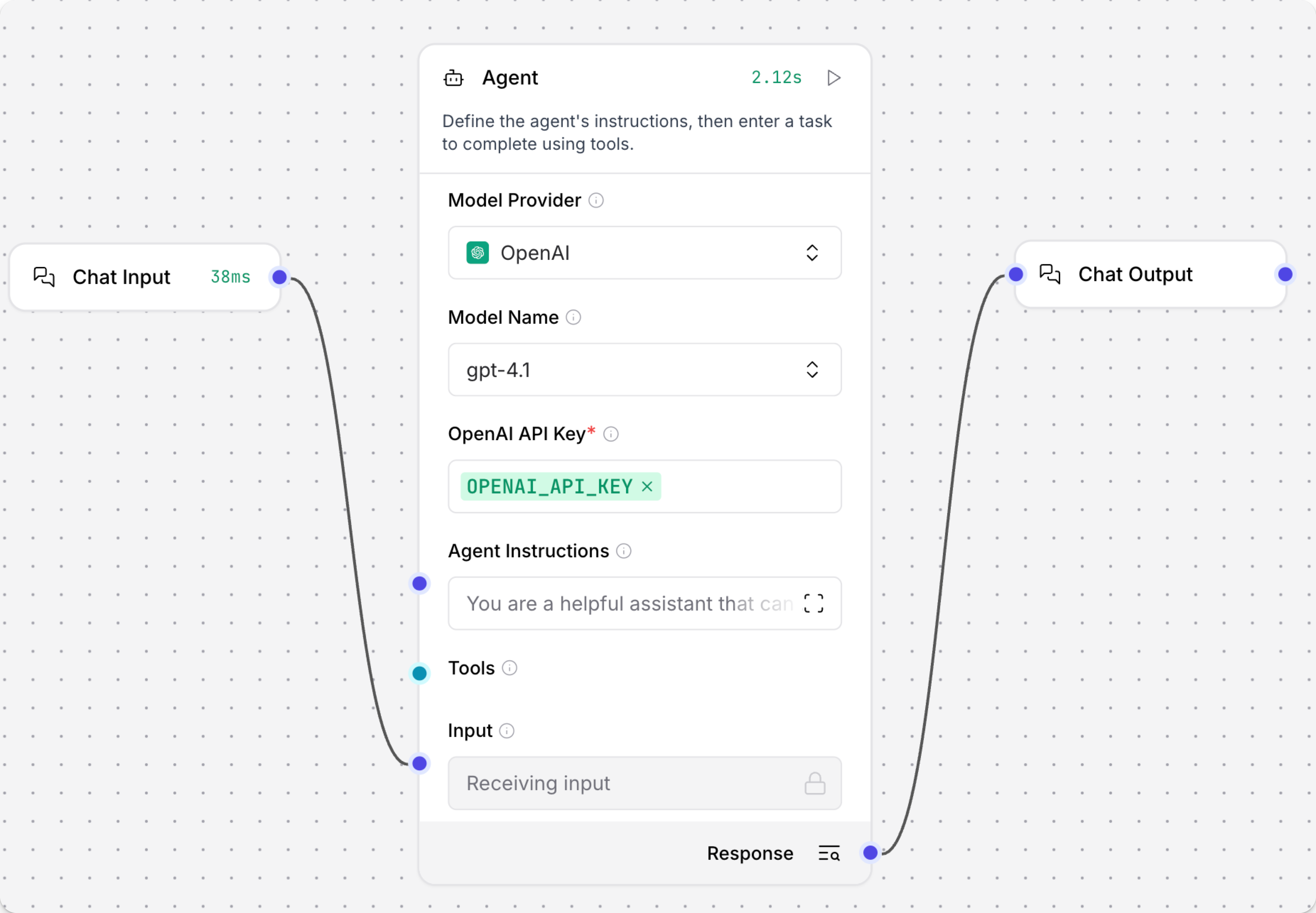 A basic agent chat flow with Chat Input, Agent, and Chat Output components.