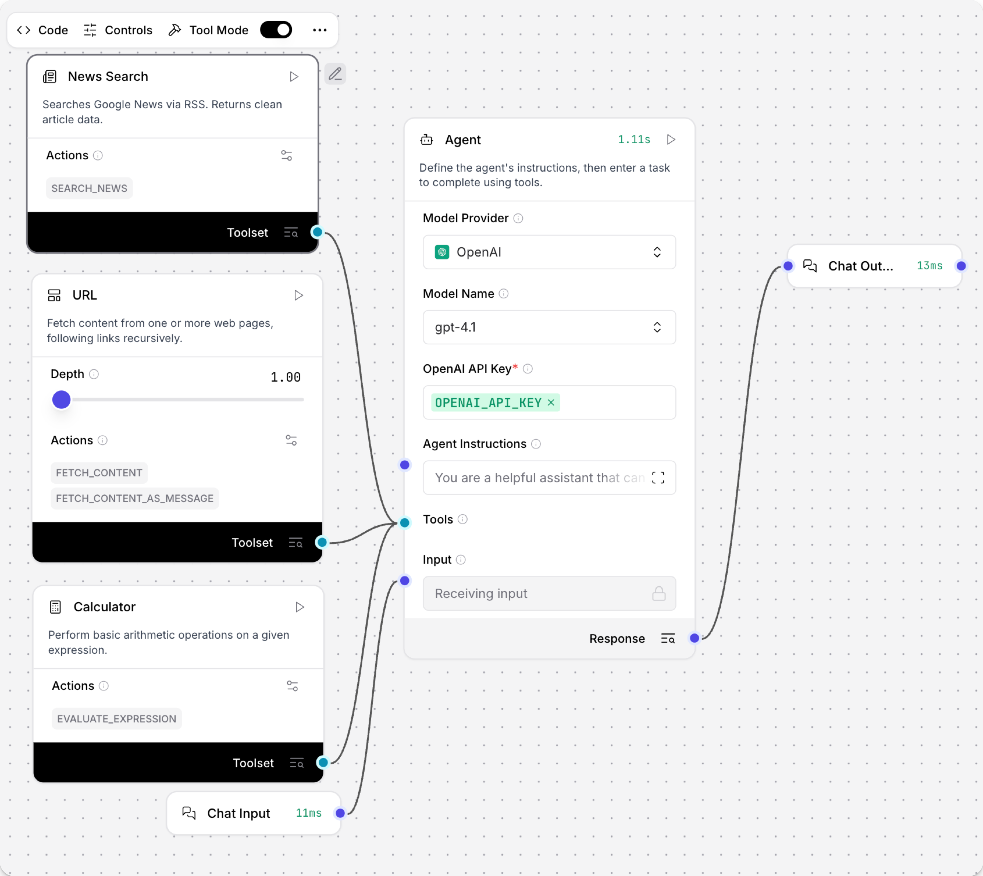 A more complex agent chat flow where three components are connected as tools to the Agent component