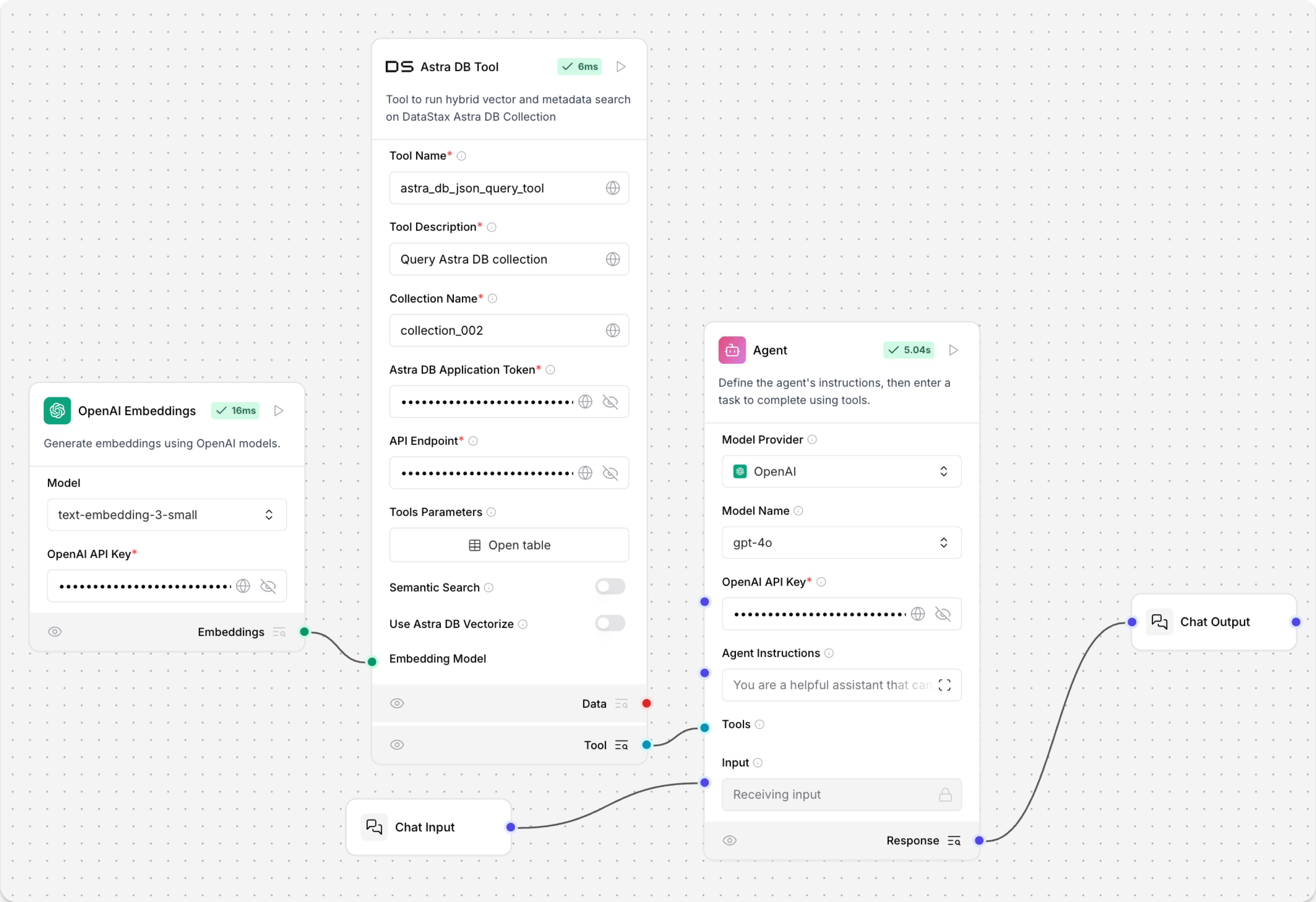 Astra DB Tool component connected as a tool to an Agent component