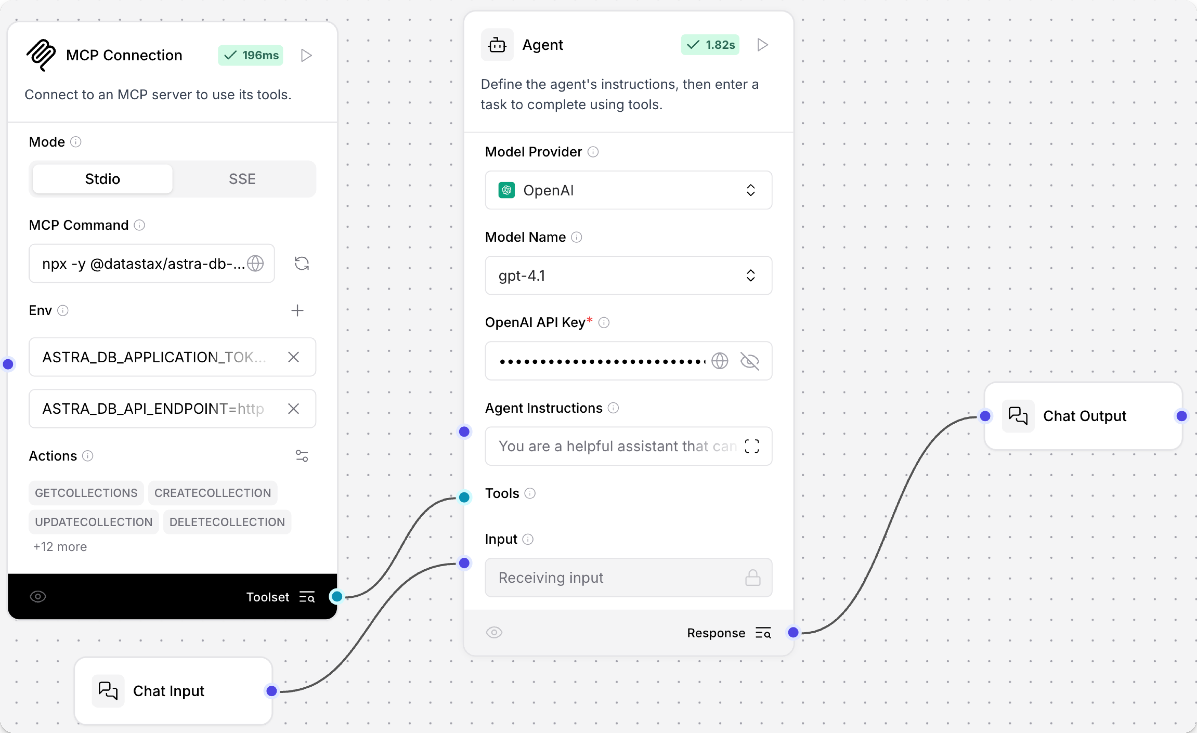 Simple Agent Flow，其中 URL 工具被 MCP Tools Components替換，並且 MCP Tools Components啟動 Astra DB MCP 伺服器
