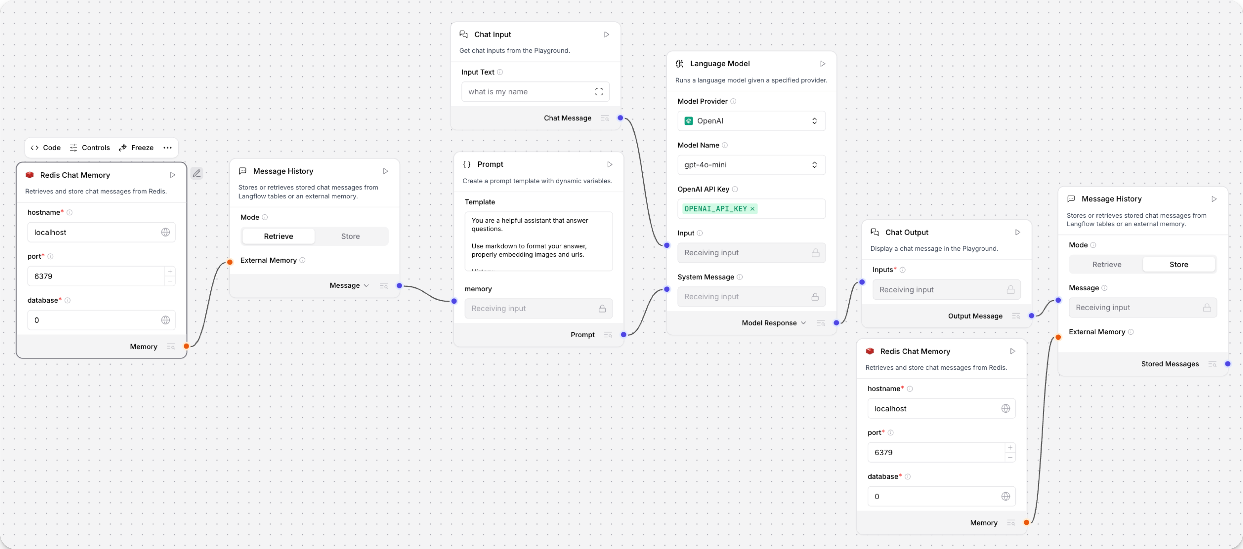 具有 Message History 和 Redis Chat Memory 組件的 Flow