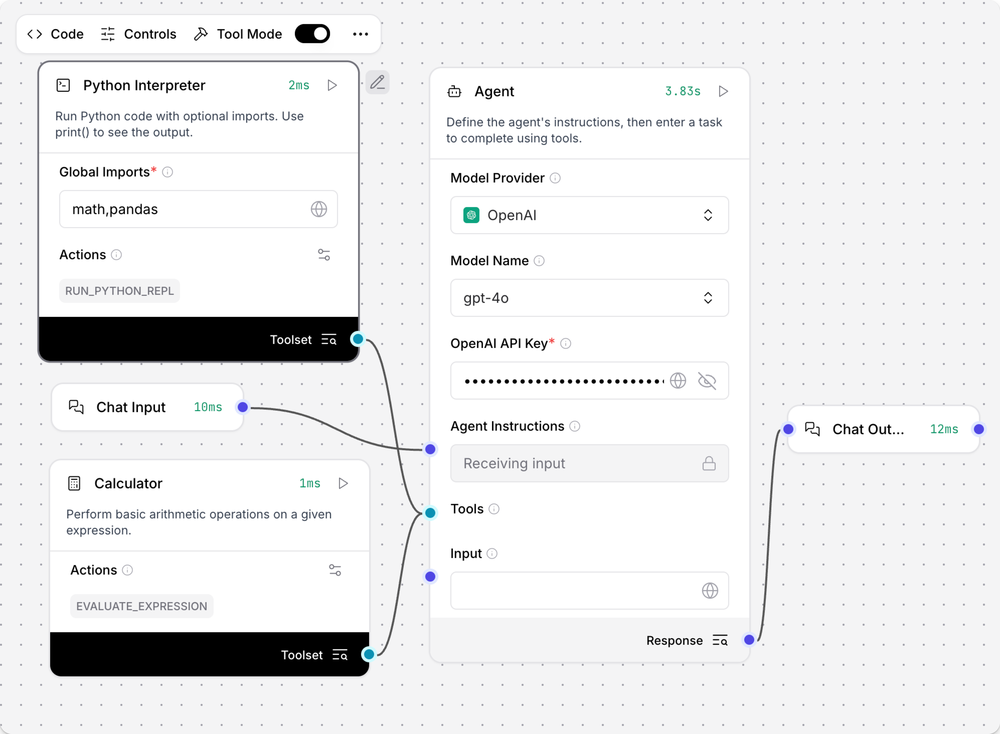 Python Interpreter and Calculator components connected to an Agent component