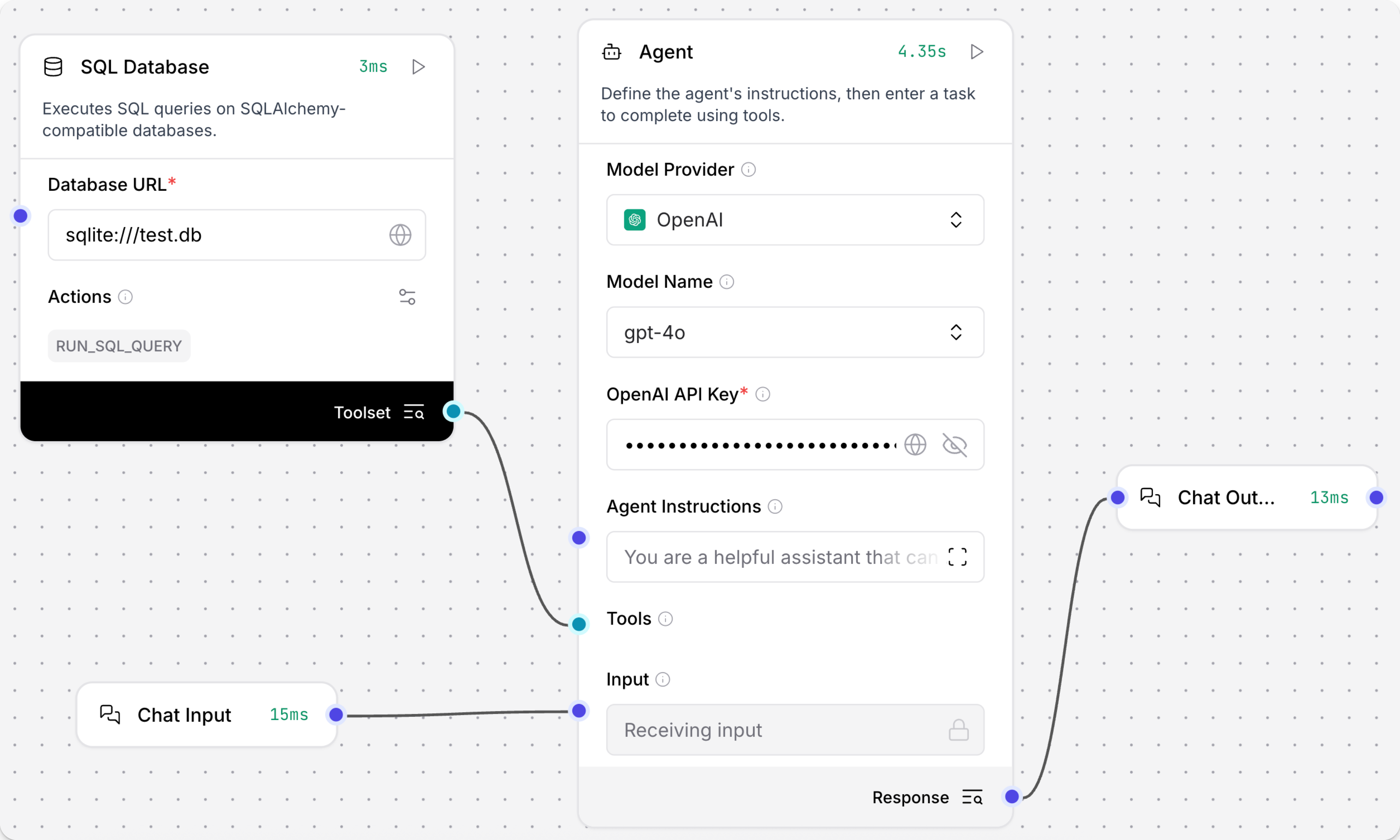 SQL Database component connected to an Agent component