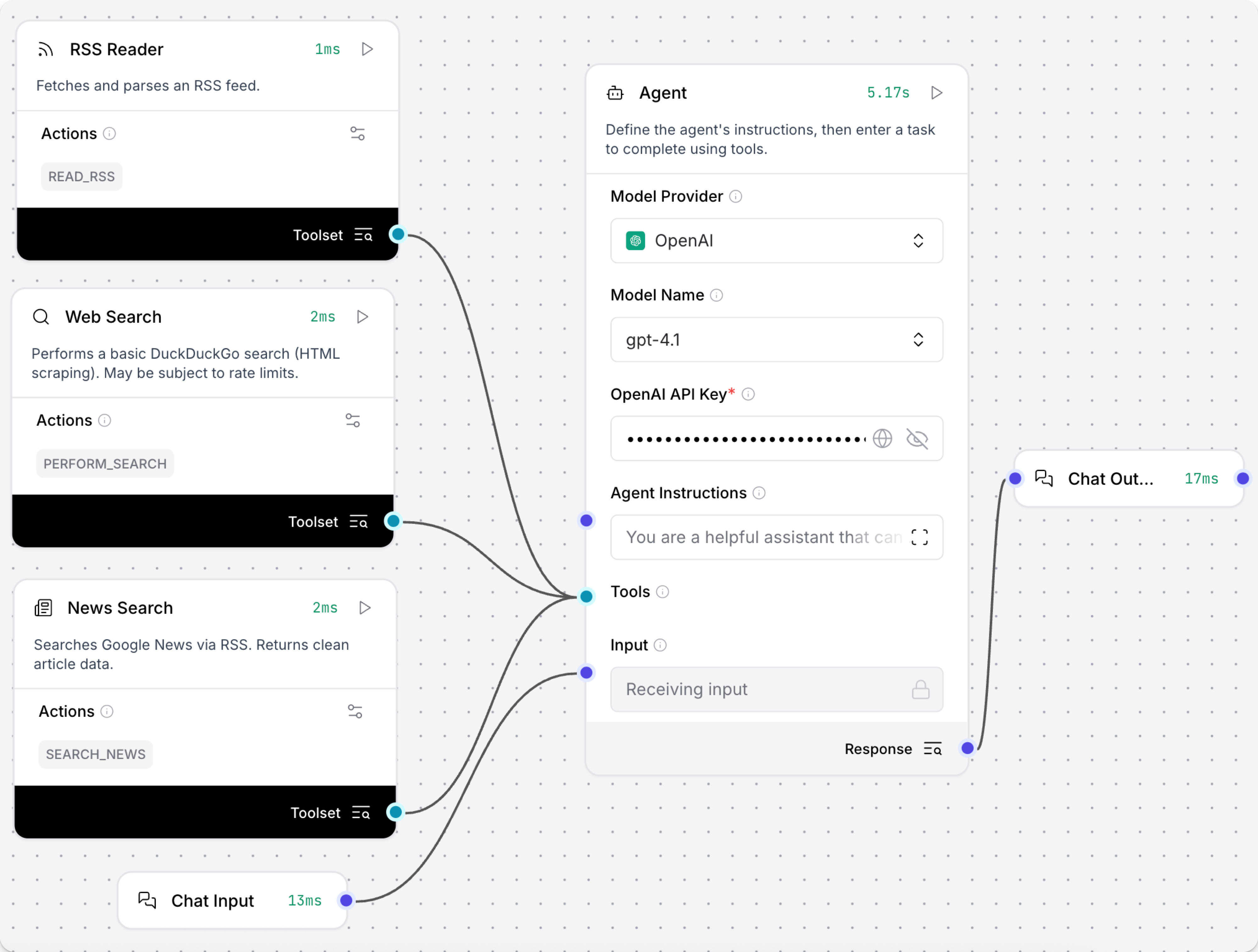 一個 Agent Flow，其中三個資料Components作為工具連接到 Agent